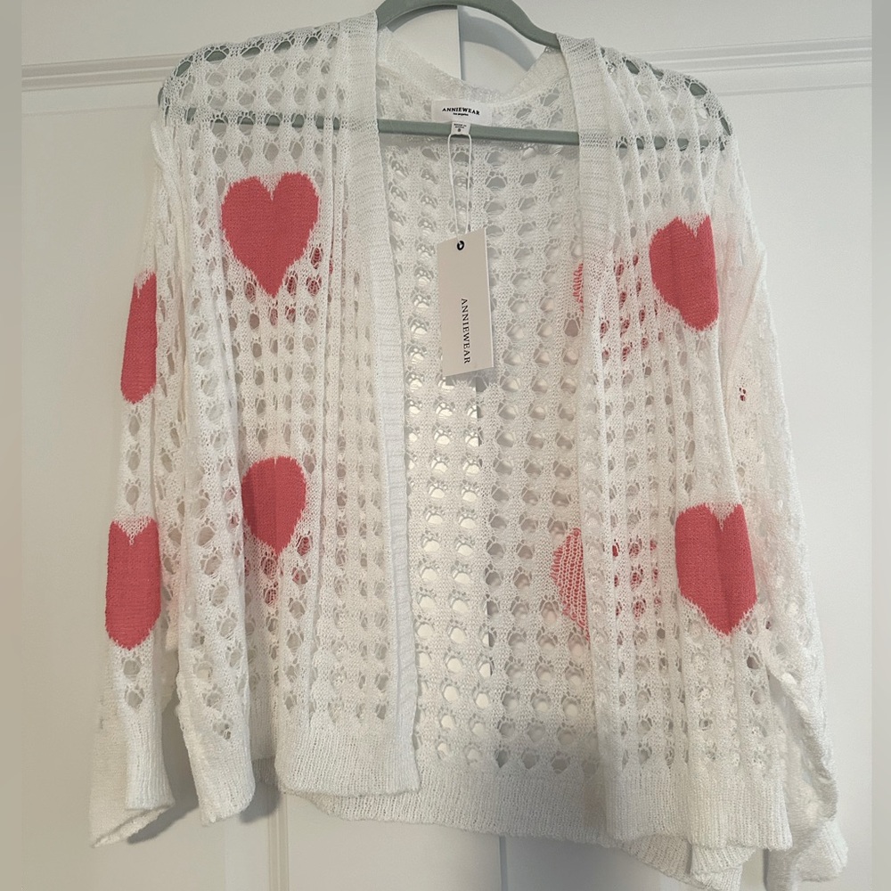 NWT Anniwear open knit cardigan with pink hearts - small